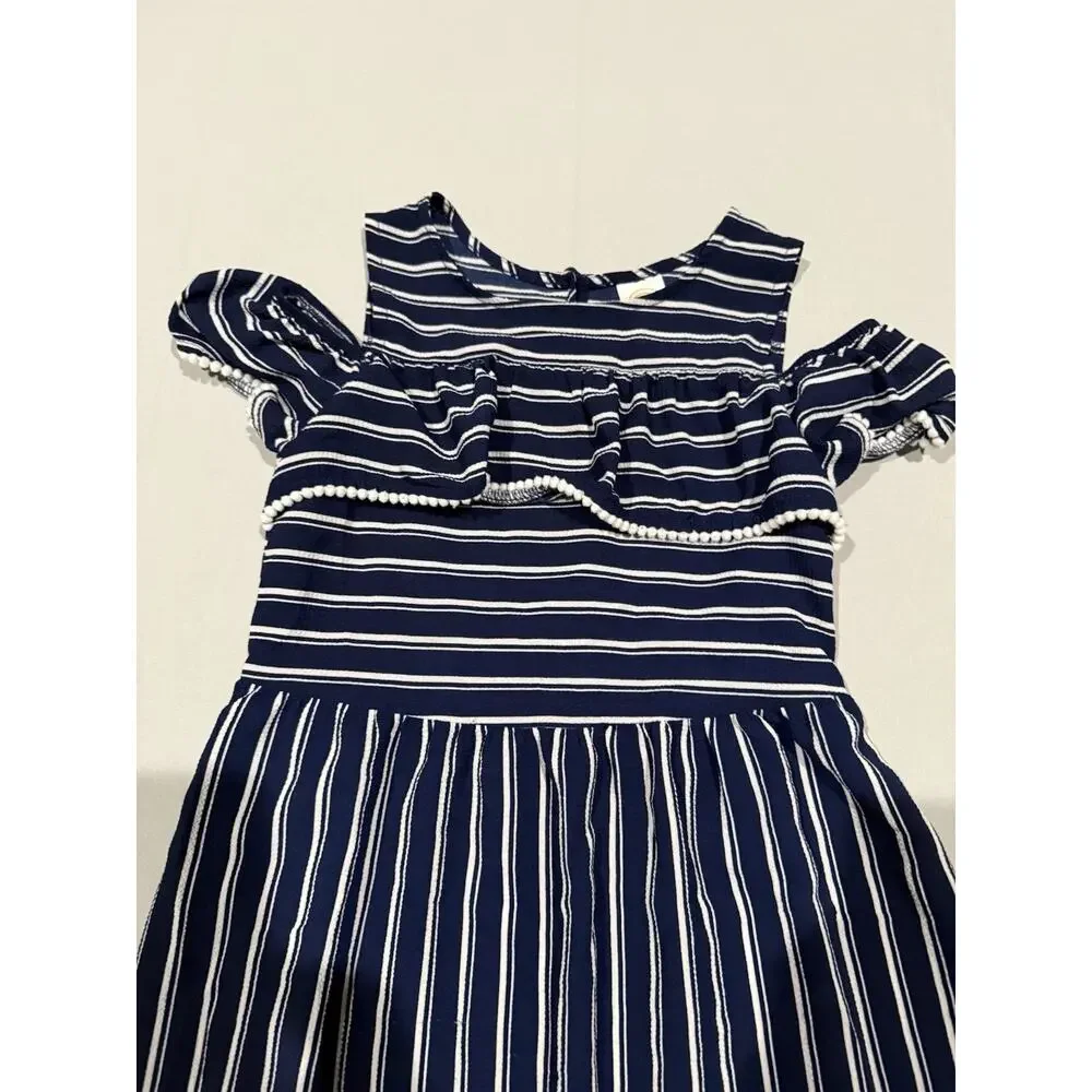 Wonder Nation Girls M (7-8) Blue White Striped Fit & Flare Ruffle Sleeve Dress